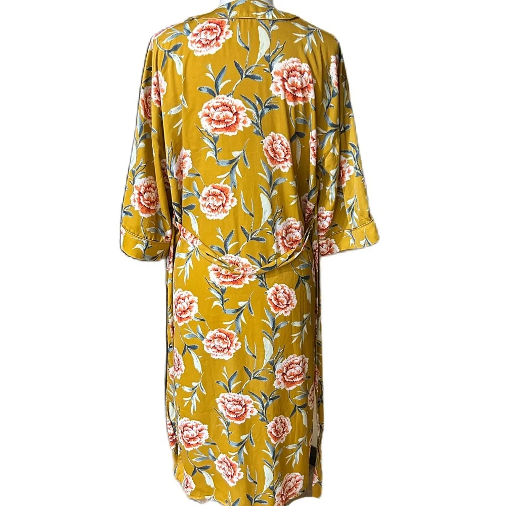 Blueh Ciel Mustard Gold Floral Long Belted Slinky Kimono Robe Boho Hippie sz S - Picture 2 of 5